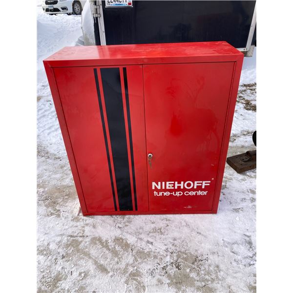 VINTAGE METAL NIEHOFF LOCKING WALL PARTS CABINET - TUNE-UP CENTER (RED)