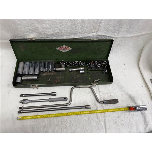 BOX OF S-K 3/8-INCHES DRIVE SOCKETS, DEEP WELL SOCKETS, WRENCHES, AND EXTENSIONS