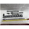 Image 1 : LOT OF S-K 1/2-INCHES DRIVE SOCKETS, WRENCH, RATCHETING WRENCH, AND EXTENSIONS ON METAL TOOLBOX TRAY