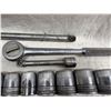 Image 20 : LOT OF S-K 1/2-INCHES DRIVE SOCKETS, WRENCH, RATCHETING WRENCH, AND EXTENSIONS ON METAL TOOLBOX TRAY