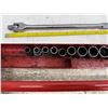 Image 21 : LOT OF S-K 1/2-INCHES DRIVE SOCKETS, WRENCH, RATCHETING WRENCH, AND EXTENSIONS ON METAL TOOLBOX TRAY