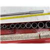Image 22 : LOT OF S-K 1/2-INCHES DRIVE SOCKETS, WRENCH, RATCHETING WRENCH, AND EXTENSIONS ON METAL TOOLBOX TRAY