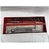 Image 2 : LOT OF S-K 1/2-INCHES DRIVE SOCKETS, WRENCH, RATCHETING WRENCH, AND EXTENSIONS ON METAL TOOLBOX TRAY