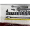 Image 3 : LOT OF S-K 1/2-INCHES DRIVE SOCKETS, WRENCH, RATCHETING WRENCH, AND EXTENSIONS ON METAL TOOLBOX TRAY