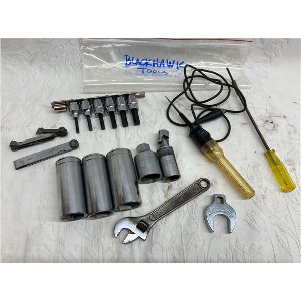 BLACKHAWK TOOLS, MISCELLANEOUS LOT INCLUDING DEEP WELL SOCKETS, SPARK PLUG GAP GAUGE, AND ADJUSTABLE
