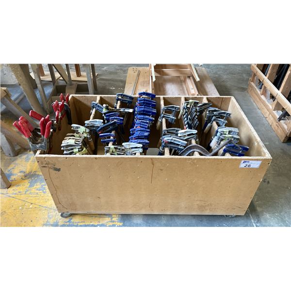 APPROX. 60 ASSORTED CLAMPS WITH MOBILE WOODEN CART