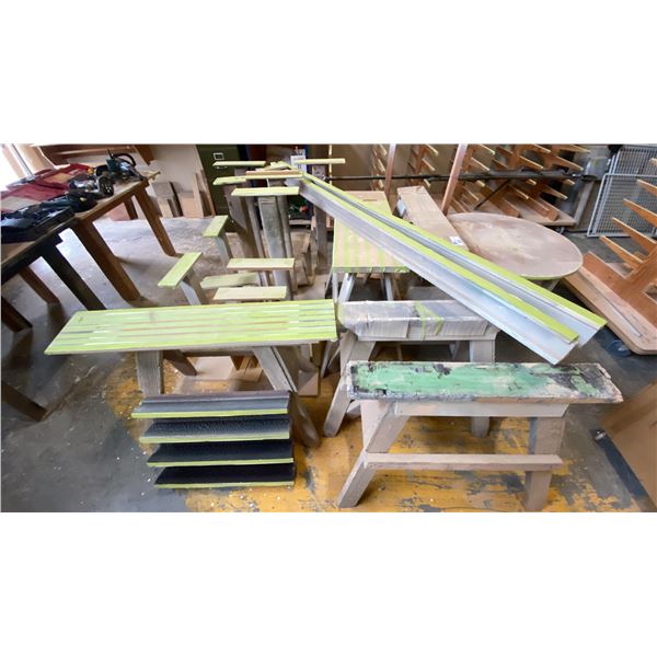LARGE GROUP OF ASSORTED WOODEN SAW HORSES AND PAINT BOOTH DRYING STANDS