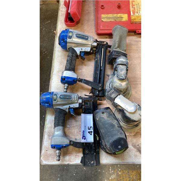 GROUP OF 5 PNEUMATIC POWER TOOLS - 2 BRAD NAILERS AND 3 DISC SANDERS