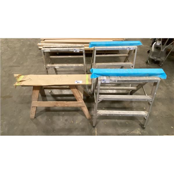 3 SMALL ALUMINIUM STURDY LADDERS INC. SAW HORSES AND 1 WOODEN SAW HORSE