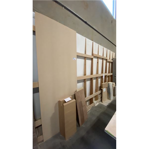 WOODEN WALL MOUNT MATERIAL RACK AND ASSORTED WOOD