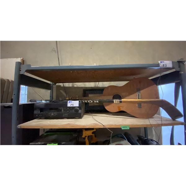 STEREO WITH SPEAKERS, YAMAHA ACOUSTIC GUITAR, HOCKEY STICK AND 2 FRAMED PRINTS (ROBERT BATEMAN
