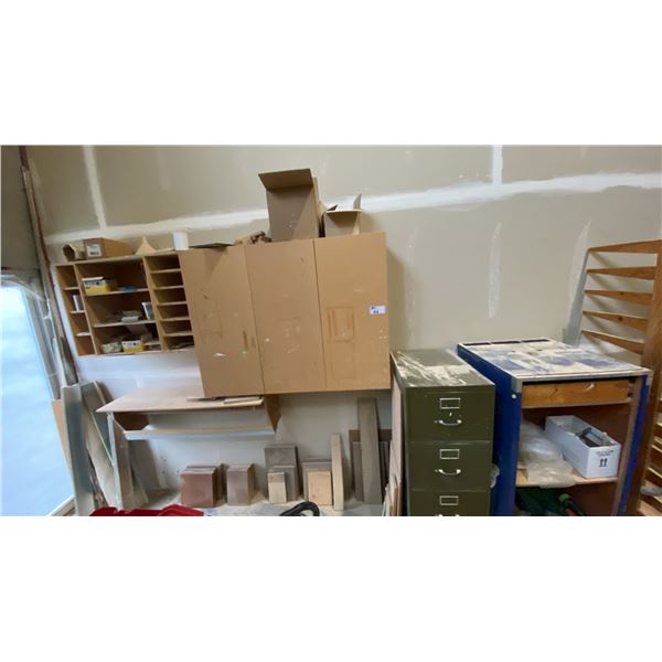 GROUP OF WALL MOUNT CABINETS, WALL MOUNT SHELF, FILING CABINET, ROLLING CABINET AND
