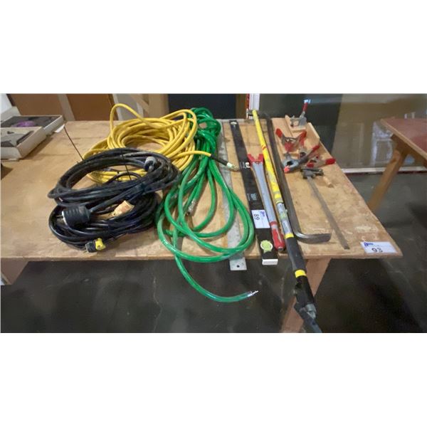GROUP OF SHOP ITEMS - (3) AIRLINE HOSES, (2) HEAVY DUTY EXTENSION CORDS, LEVEL, SQUARE,
