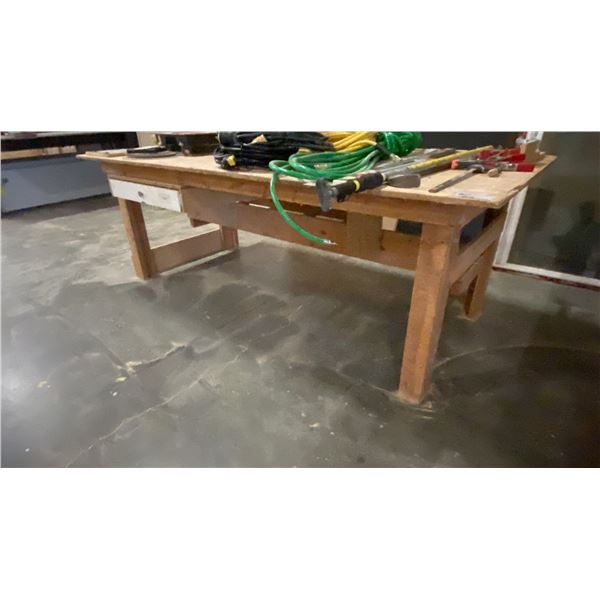 LARGE WOODEN WORK TABLE WITH DRAWER - APPROX. 8FT X 4FT X 3FT HIGH