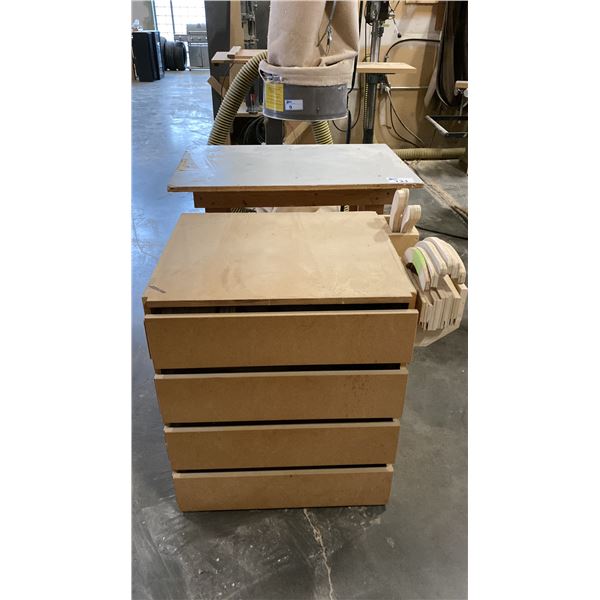 4 DRAWER WOODEN CABINET WITH CONTENTS & SMALL WOOD SHOP TABLE