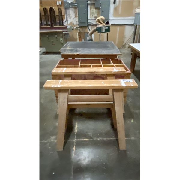2 WOOD SAW HORSES, ROLLING WOODEN STORAGE BIN & WOOD SHOP TABLE