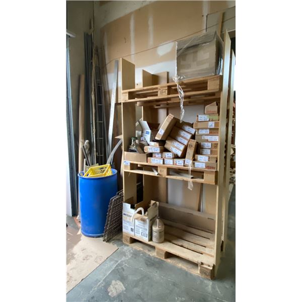 ASSORTED HARDWARE, 2 PLASTIC BARRELS OF ASSORTED METAL,CONSTRUCTION ADHESIVES, WOODEN PALLET SHELF