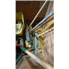 Image 3 : WOODEN MOBILE BIN WITH ASSORTED BROOMS, SHOVELS, MOP BUCKETS & 4 RUBBERMAID GARBAGE CANS