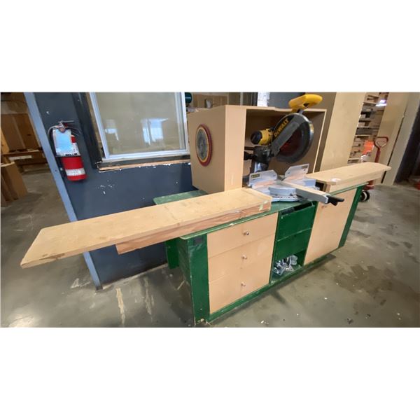 DEWALT DW708, 12" COMPOUND MITER SAW ON WORK BENCH WITH ASSORTED HARDWARE CONTENTS