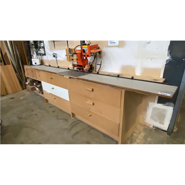 BLUM GA 00309 MINI PRESS ON WOODEN SHOP BENCH WITH ASSORTED HARDWARE CONTENTS APPROX 160"L X 29"D X