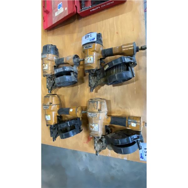 GROUP OF 4 STANLEY BOSTITCH PNEUMATIC COIL NAIL GUNS