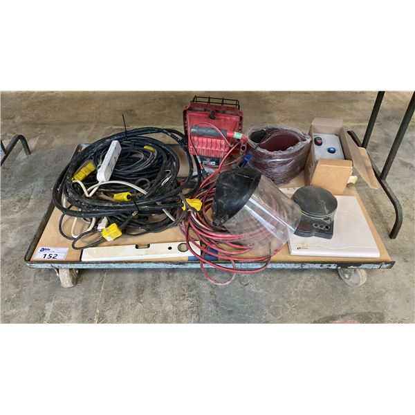 METAL MOBILE PLATFORM CART WITH ASSORTED SHOP ITEMS- EXTENSION CORDS, POWER LIGHT, SANDPAPER,