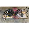 Image 1 : METAL MOBILE PLATFORM CART WITH ASSORTED SHOP ITEMS- EXTENSION CORDS, POWER LIGHT, SANDPAPER,