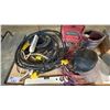 Image 2 : METAL MOBILE PLATFORM CART WITH ASSORTED SHOP ITEMS- EXTENSION CORDS, POWER LIGHT, SANDPAPER,
