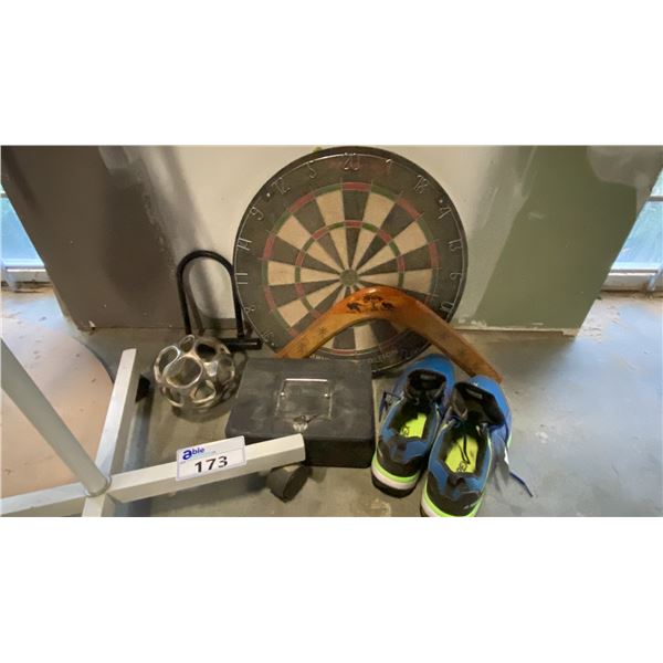 MAGNIFYING MOBILE LAMP, WORK LIGHT ON WOOD STAND, DART BOARD, LOCK BOX