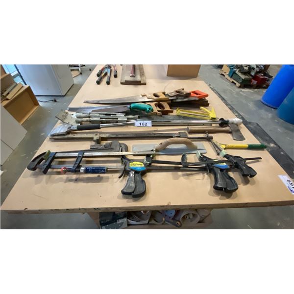 LARGE GROUP OF ASSORTED TOOLS- SAWS, CLAMPS, SCRAPER, AXE & MORE