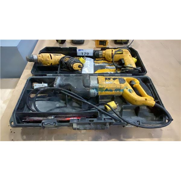 GROUP OF 6 DEWALT POWER TOOLS - CORDED & CORDLESS WITH 2 BATTERY CHARGERS AND 1 BATTERY