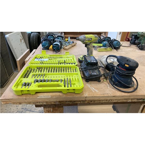RYOBI CORDLESS DRILL W/2 BATTERIES & CHARGER, RYOBI ORBITAL SANDER AND