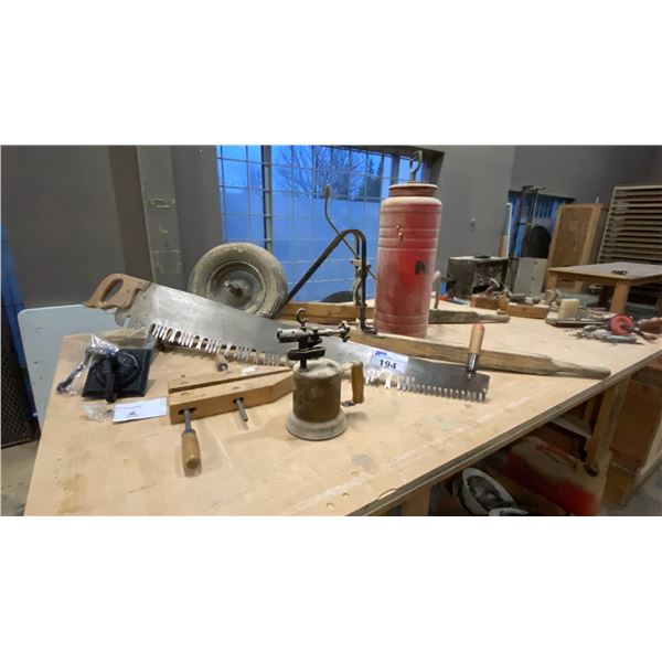 GROUP OF VINTAGE TOOLS - WHEELBARROW FRAME, LOGGERS SAW, PRESSER SPRAYER,