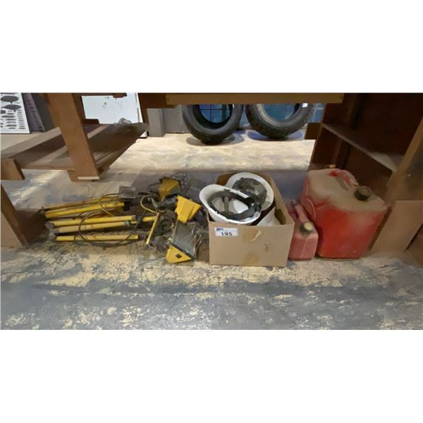 2 YELLOW WORK LIGHTS, BOX OF HARD HATS AND 2 JERRY CANS
