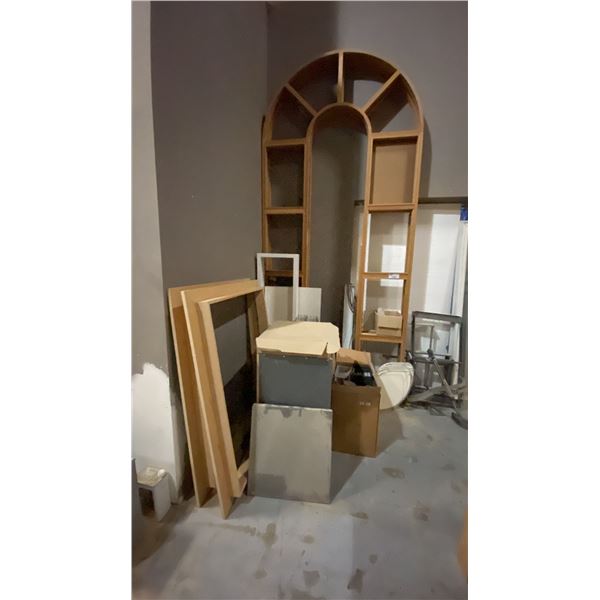 LARGE GROUP OF ASSORTED WOOD, METAL, GLASS - WINDOW ARCHES, ROUND STONE TABLE TOP, LARGE CRATE,