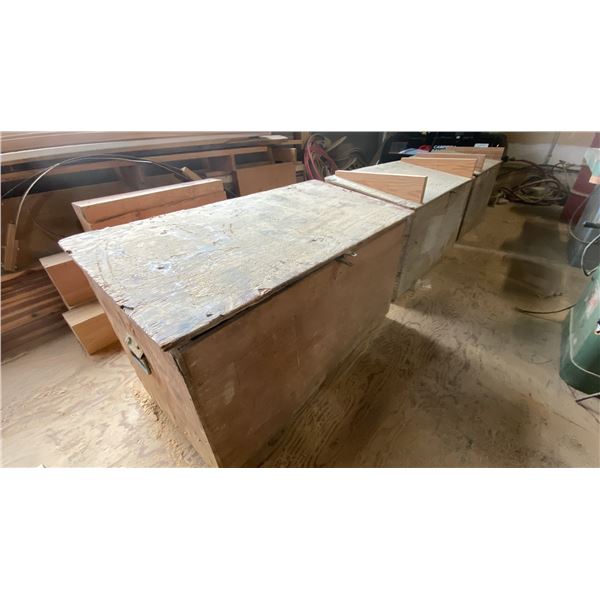 3 LARGE WOODEN STORAGE BOXES WITH CONTENTS - ASSORTED HOSE, ELECTRICAL, PARTS, HARDWARE