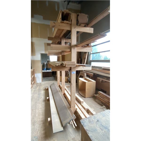 LARGE ASSORTED OF WOOD STOCK MATERIAL & PCS. *INCLUDES WOODEN STORAGE RACK*