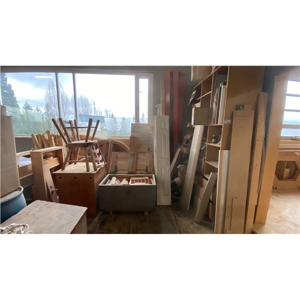 LARGE GROUP OF ASSORTED ITEMS - LARGE SHELF UNIT, WOOD CABINETS, CHAIRS, BAMBOO, TOOL & STORAGE