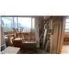 Image 1 : LARGE GROUP OF ASSORTED ITEMS - LARGE SHELF UNIT, WOOD CABINETS, CHAIRS, BAMBOO, TOOL & STORAGE