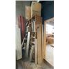 Image 2 : LARGE GROUP OF ASSORTED ITEMS - LARGE SHELF UNIT, WOOD CABINETS, CHAIRS, BAMBOO, TOOL & STORAGE