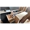Image 6 : LARGE GROUP OF ASSORTED ITEMS - LARGE SHELF UNIT, WOOD CABINETS, CHAIRS, BAMBOO, TOOL & STORAGE