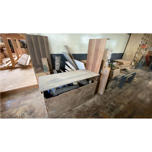 LARGE GROUP OF ASSORTED ITEMS - CABINET, STEEL BRACKETS, STORAGE BOX,