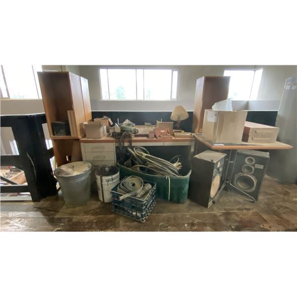 LARGE GROUP OF ASSORTED ITEMS - WOOD SHELF UNITS, DESK, TOOLS, HARDWARE AND MORE