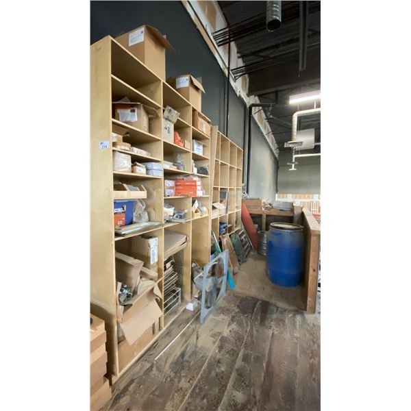 LARGE GROUP OF ASSORTED ITEMS - 2 LARGE WOODEN  SHELF UNITS W/CONTENTS, HARDWARE,