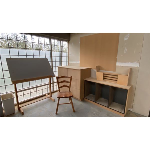 2 CABINETS, DRAFTING BOARD AND CHAIR