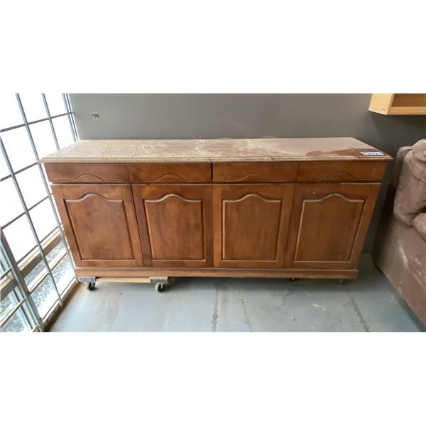 WOODEN BUFFET CABINET AND BROWN MICROFIBRE SUEDE LOVESEAT
