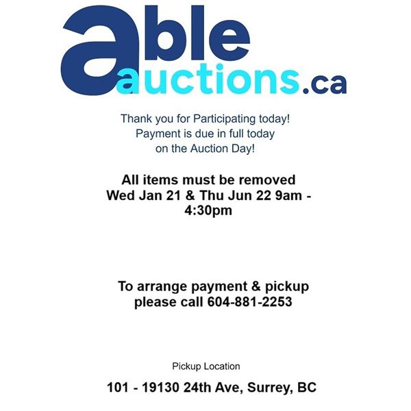 All items must be removed Wed Jan 21 & Thu Jun 22 9am - 4:30pm