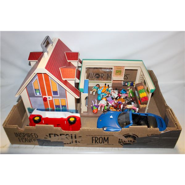 PLAYMOBILE HOUSE, GROCERY STORE, CAR, TRANSIT BUS