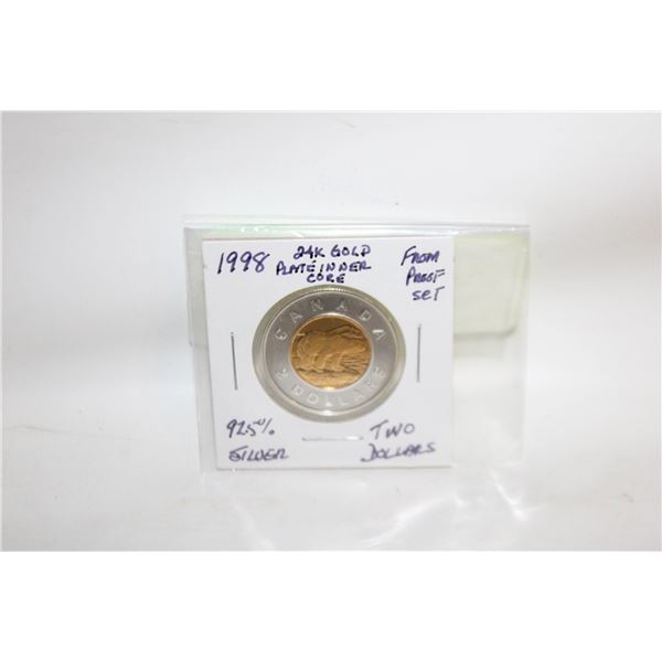 1998 92.5% SILVER $2 WITH 24K GOLD PLATED INNER