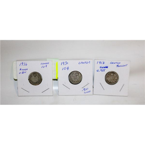 CANADA 10 CENT SILVER COINS 1913,1931,1936